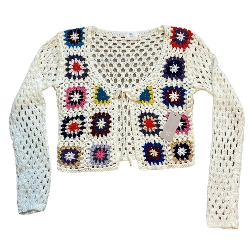 Luna Ivy Juniors Boho Crochet Cardigan Granny Square Cream Multi Size S New - Picture 6 of 6